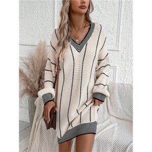 Striped Pattern Drop Shoulder Sweater Dress